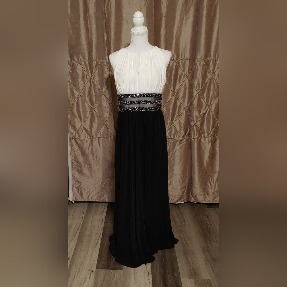 R & M Richards Black and White Evening Maxi with Beaded Waistband